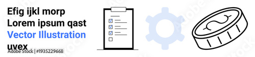 Productivity, workflow, planning, finances, organization, process management. A checklist on a clipboard, gear icon and coin symbol. Productivity and workflow management visually