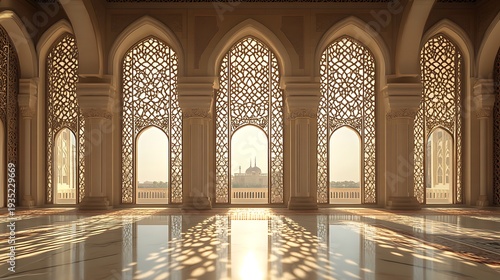 Elegant Islamic Architecture with Intricate Patterns and Beautiful Sunlight Streaming Through Windows