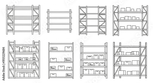 Warehouse shelving units with boxes and containers illustration.