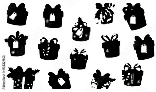 Cute Cartoon Christmas Present Boxes with Decorative Bows and Holiday Elements Vector Set Isolated