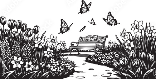 Black and white illustration of a serene garden scene