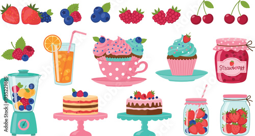 Cute Berry Dessert Collection with Cupcakes Cakes Smoothie Jam Strawberries Blueberries and Sweet Cartoon Vector Illustration Set