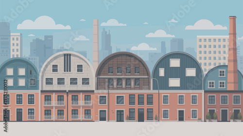 A vibrant cityscape featuring a row of colorful buildings with unique arched roofs under a blue sky