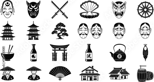 Japanese culture icon set with samurai swords, pagoda temple, oni mask and traditional symbols, black silhouette collection isolated on white background