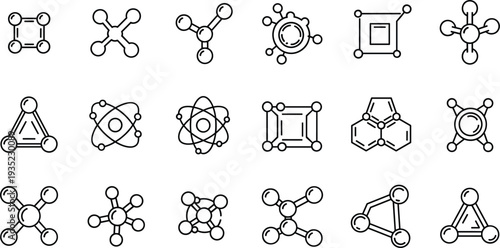 Set of Molecular and Chemical Structure Icons Featuring Atoms, Molecules, and Atomic Bonds in Line Art