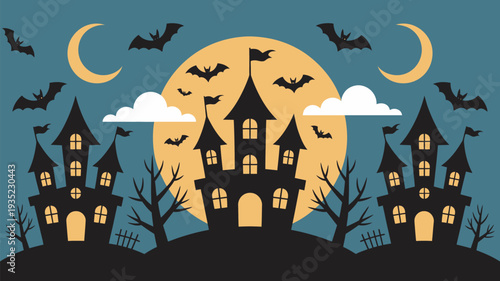 A spooky Halloween scene with haunted houses, bats, and a full moon in the night sky.
