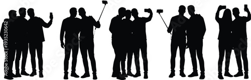 Large collection of young people silhouettes taking selfies with smartphones and selfie sticks isolated on white background for social media and lifestyle vector design.