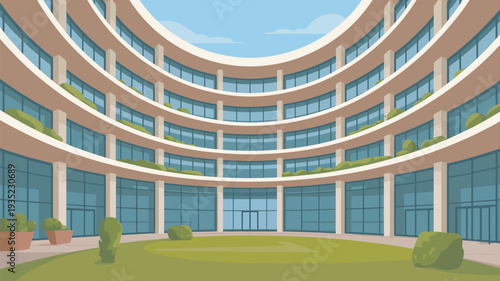 A modern office building with a circular design and a green courtyard in the center of the building.