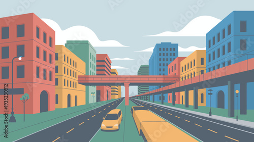 A vibrant cityscape with a yellow car driving down a colorful urban road lined with buildings and a bridge