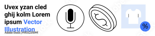 Marketing, e-commerce, tech branding, retail discounts, sound recording, cryptocurrency concepts. Minimal icons include a microphone, coin T-shirt and percentage sign. Marketing and e-commerce