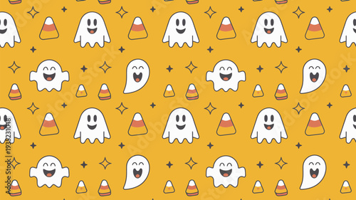 A playful Halloween pattern featuring cartoon ghosts and candy on an orange background with sparkles
