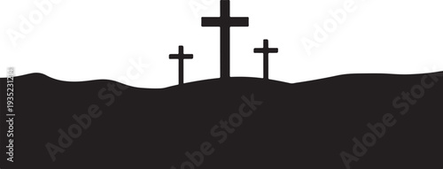 Three crosses on a hill silhouette in black and white