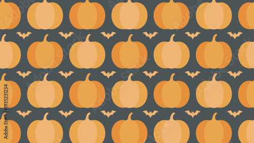 A festive Halloween pattern featuring orange pumpkins and bats on a dark background