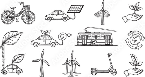 A collection of hand-drawn icons depicting various eco-friendly transportation, renewable energy sources, and environmental sustainability concepts.