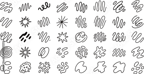 A collection of hand-drawn abstract doodle shapes and lines, including squiggles, spirals, starbursts, and irregular blobs, presented as graphic design elements.