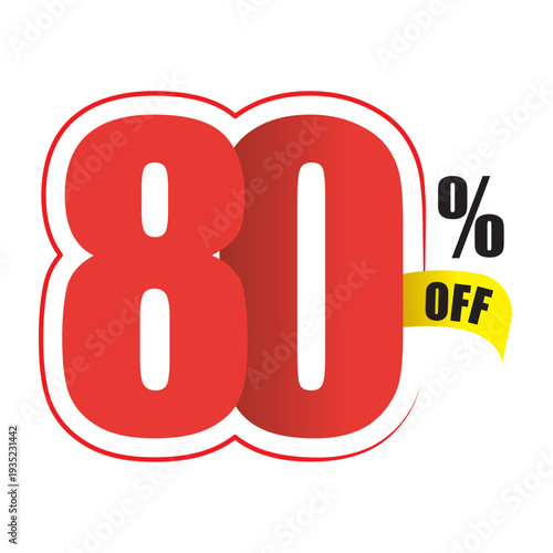 Red eighty percent off sale tag with yellow ribbon 80 percent off discount promotion