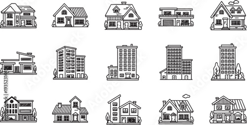 A collection of various residential and commercial buildings in a black and white line art style, featuring houses and multi-story structures.