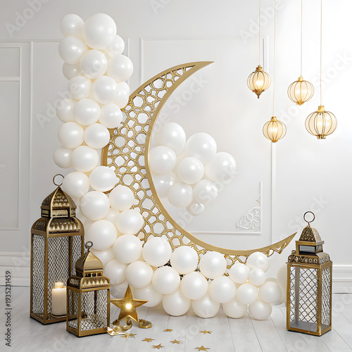 Eid balloon decor featuring unique crescent-shaped balloons, metallic accents, soft ambient lighting, festive backdrop, and cheerful celebratory atmosphere.