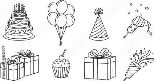 Black and white line art illustrations of birthday and celebration elements including cake, balloons, gifts, party hats, and poppers.