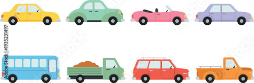 Cute Cartoon Cars Collection with Sedan, Convertible, Bus, Truck and Pickup Vector Illustration Set