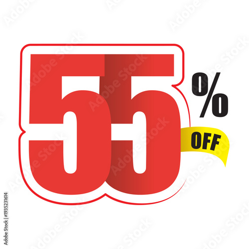 Red 55 percent off sale tag with yellow ribbon discount promotion offer