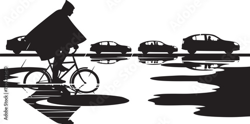 Cyclist riding through rainy city streets with umbrella protection