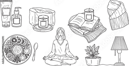 Line art illustration depicting a collection of self-care and wellness elements, including a meditating woman, skincare products, healthy food, candles, books, and home decor items.