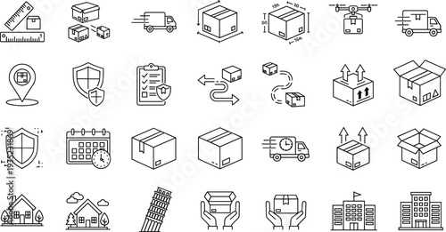 Logistics and delivery line icons set with shipping boxes, courier trucks, warehouse buildings, package tracking and protection symbols vector illustration collection