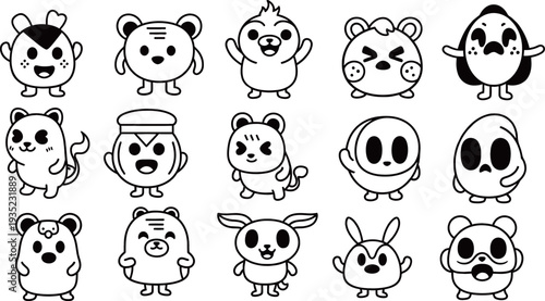 A collection of 15 cute black and white outline cartoon animal characters with simple expressions.