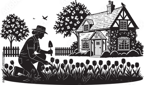 Man planting flowers in front of a house garden