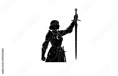 Joan of Arc Celestial Knight Silhouette, Mystical History Vector Sticker, Heroic Women and Empowerment Illustration