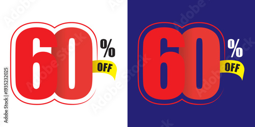 Red sixty percent off sale tag with yellow ribbon on white and blue backgrounds 60 percent off