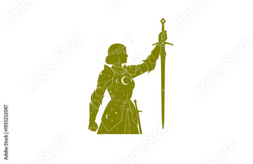 Joan of Arc Celestial Knight Silhouette, Mystical History Vector Sticker, Heroic Women and Empowerment Illustration