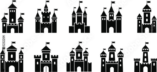 Medieval castle and fairy tale fortress vector silhouettes set featuring various tower designs for fantasy gaming children book illustration and historical kingdom architecture