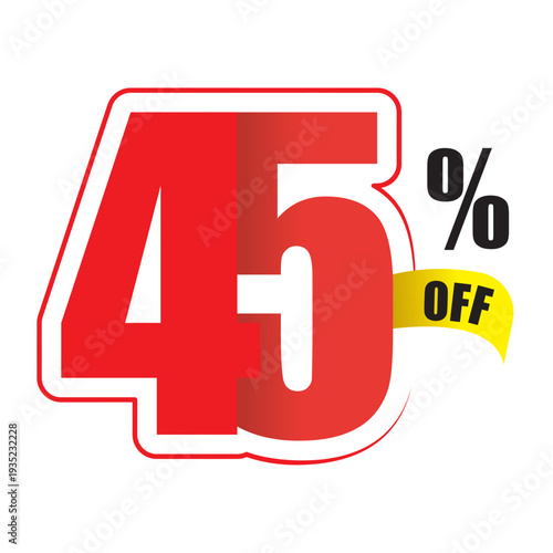 Red 45 percent off sale tag with yellow ribbon discount promotion