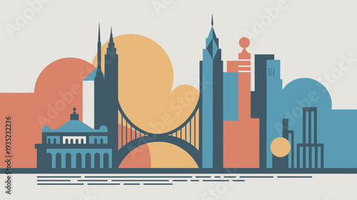 A vibrant cityscape at sunset with a bridge and modern architecture