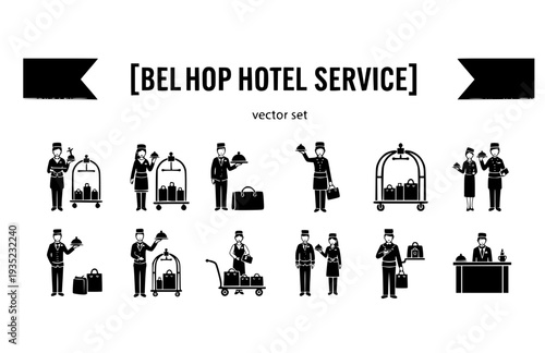 Bellhop Hotel Service Vector Set - Black Silhouette Illustrations, Hospitality Graphics, Bellhop Icons, Hotel Service Design Elements