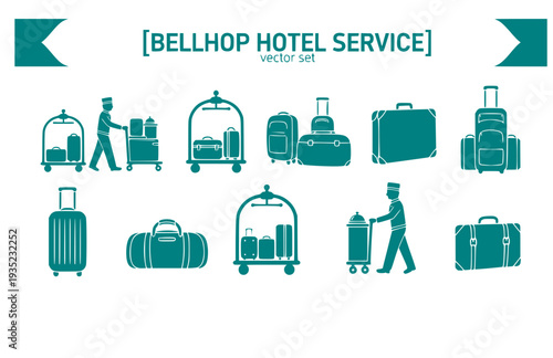 Bellhop Hotel Service Vector Set - Black Silhouette Illustrations, Hospitality Graphics, Bellhop Icons, Hotel Service Design Elements