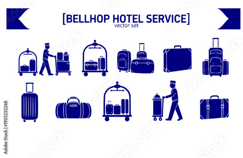 Bellhop Hotel Service Vector Set - Black Silhouette Illustrations, Hospitality Graphics, Bellhop Icons, Hotel Service Design Elements