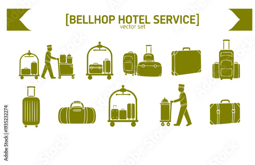 Bellhop Hotel Service Vector Set - Black Silhouette Illustrations, Hospitality Graphics, Bellhop Icons, Hotel Service Design Elements