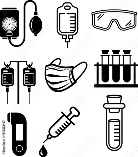 Essential Medical & Lab Safety Equipment Vector Icons: Blood Pressure, IV Drip, Syringe, Face Mask, Test Tubes, Thermometer for Healthcare & Research.