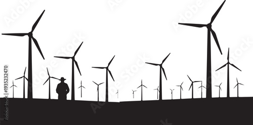 Silhouette of a man looking at wind turbines landscape