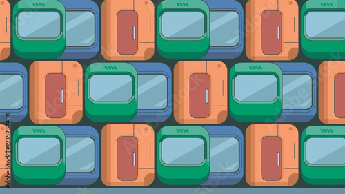 A colorful illustration of train cars in green, orange, blue, and red hues, arranged in rows.