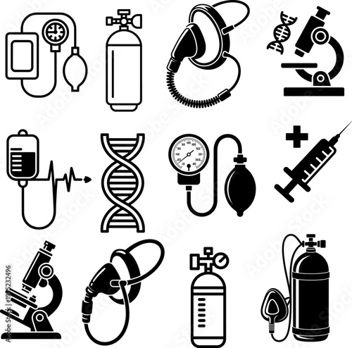Modern Medical and Scientific Icon Set: Comprehensive Healthcare Devices, Laboratory Equipment, DNA, Oxygen Tanks, Syringes & Vital Signs Monitors Vector Graphics