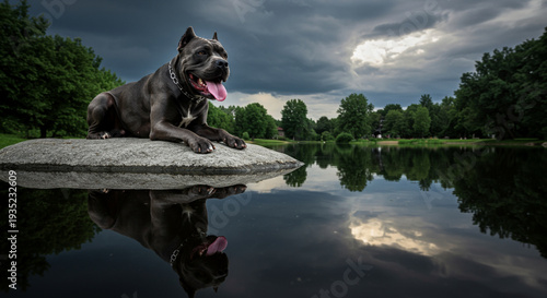 Relaxing Cane Corso Dog Lying on Rock Near Lake with Reflection
