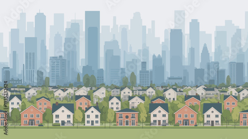 A suburban neighborhood with houses and trees in front of a city skyline