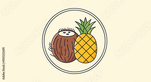 Coconut and Pineapple Illustration in Circle.