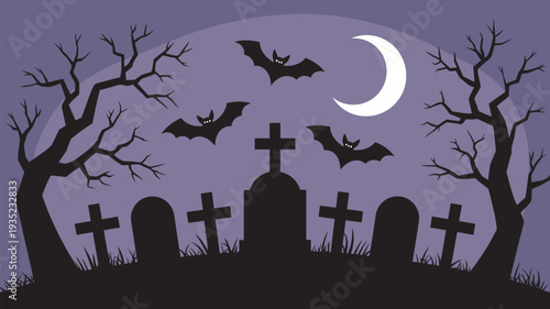 A spooky graveyard scene with bats flying under a crescent moon at night