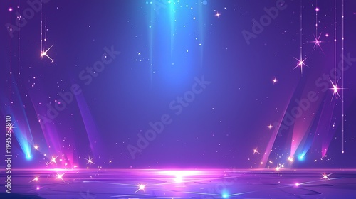 Bright purple blue stage light background with shining stars, minimal concert party show vector presentation template