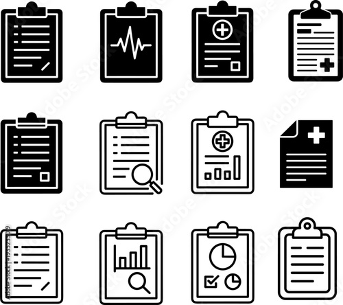 Comprehensive Vector Icon Set: Medical Records, Health Data, Business Reports, Checklists & Document Analysis for Healthcare, Finance & Productivity Applications